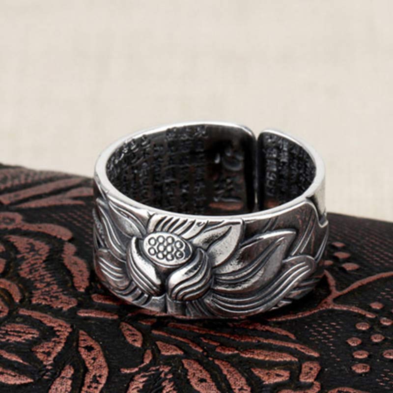 Nimara Ritual 999 Sterling Silver Lotus Symbol Heart Sutra Protection Ring