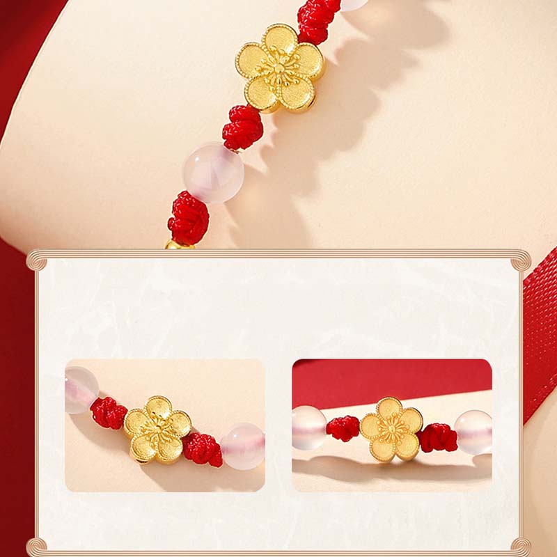 Nimara Ritual Handmade 925 Sterling Silver Peach Blossom Cherry Sakura Chalcedony Bead Luck Red Rope Bracelet