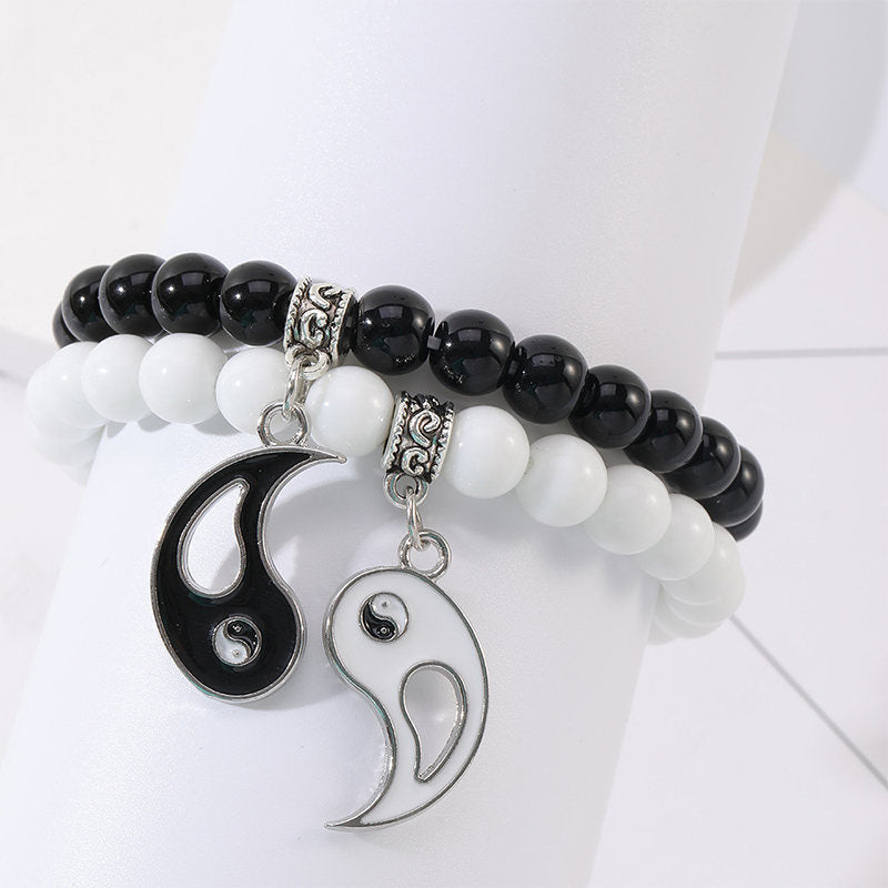 Nimara Ritual 2Pcs Black Onyx White Turquoise Bead Yin Yang Protection Couple Bracelet