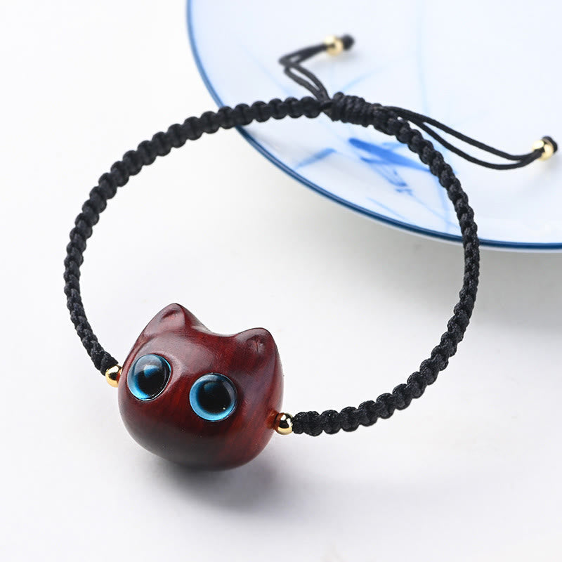 Nimara Ritual Small Leaf Red Sandalwood Ebony Wood Cute Cat Head Calm Protection Braided Bracelet