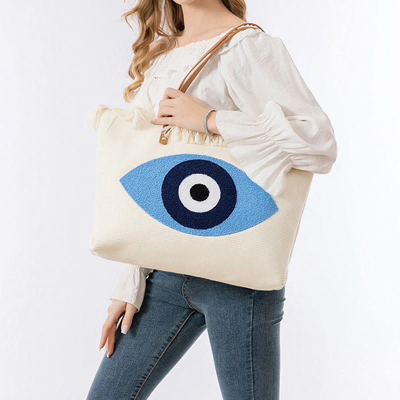 Nimara Ritual Large Capacity Evil Eye Leaf Hamsa Tassel Canvas Tote Shoulder Bag