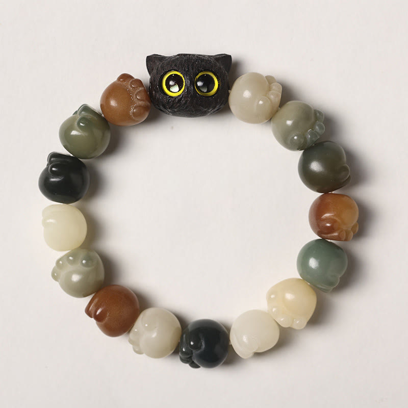 Nimara Ritual Natural Bodhi Seed Lovely Paw Ebony Wood Lucky Cat Wisdom Bracelet