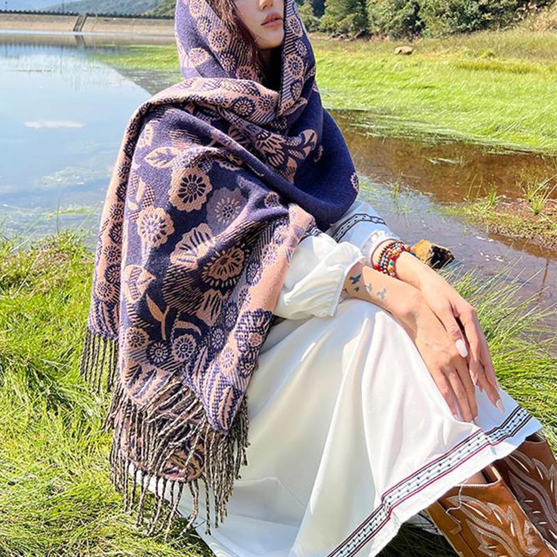 Nimara Ritual Tibetan Flower Floral Leaves Pattern Design Shawl Cozy Travel Scarf Wrap