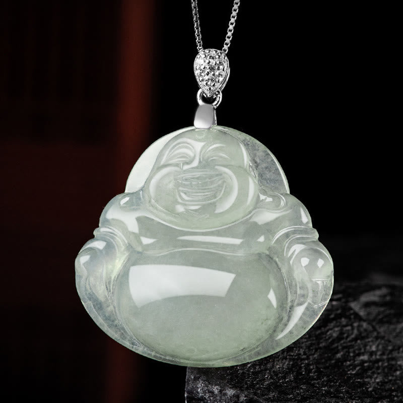Nimara Ritual Natural Jade Laughing Buddha Prosperity Abundance Titanium Steel Chain Necklace Pendant