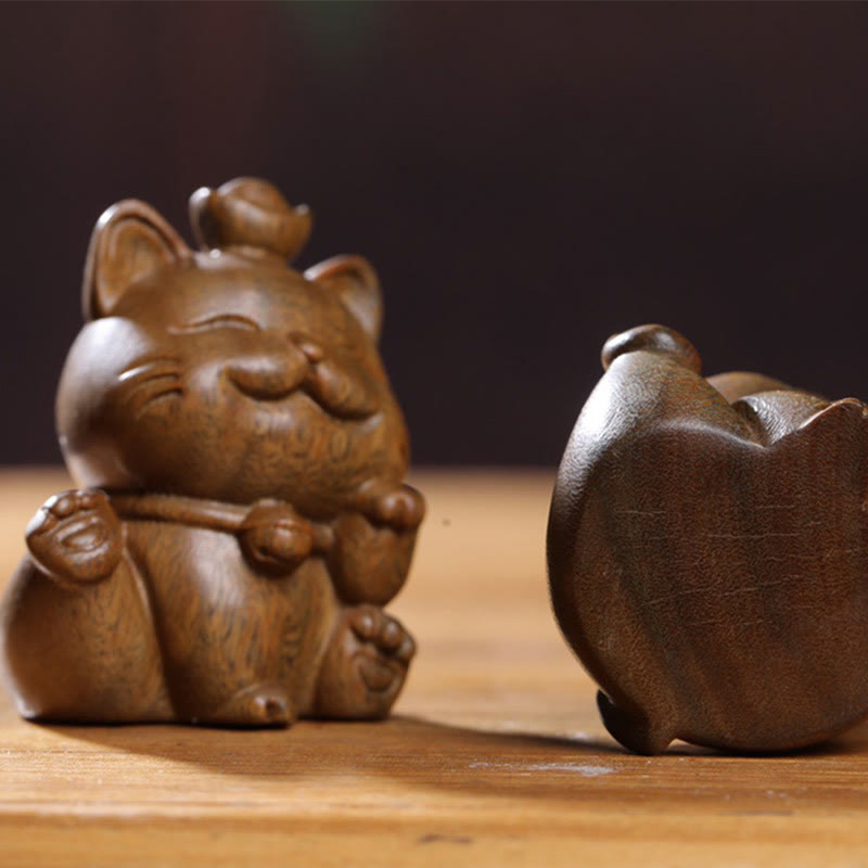Nimara Ritual Mini Green Sandalwood Ingot Lucky Cat Carved Peace Desk Decorations