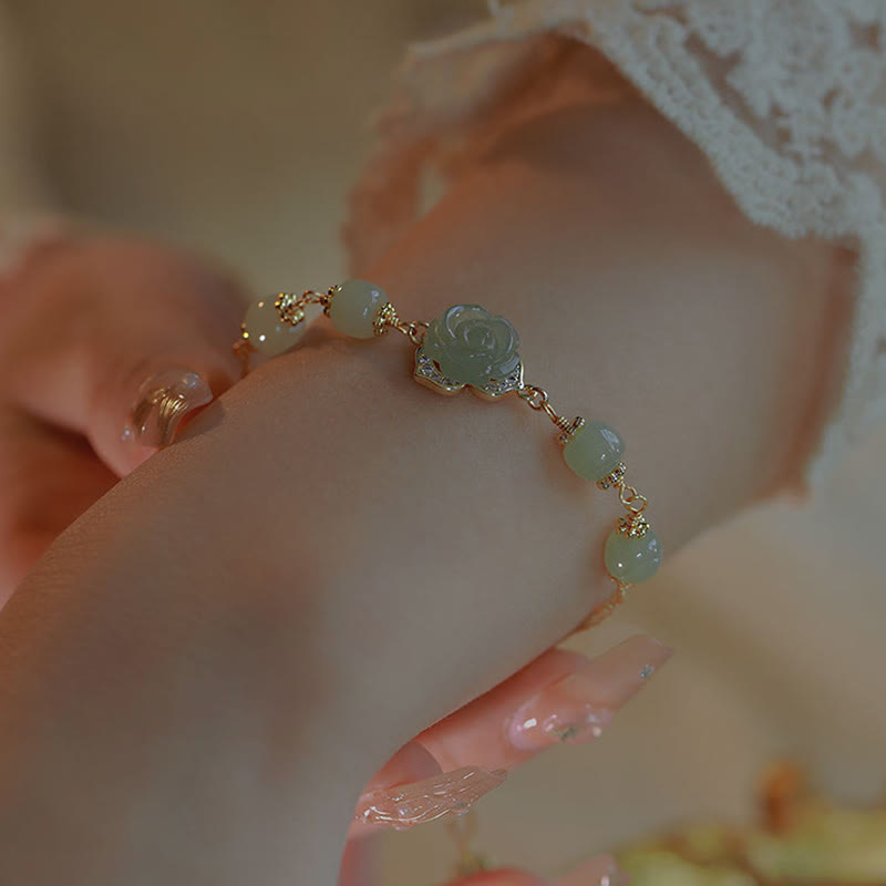 Nimara Ritual 14K Gold Plated Hetian Jade Rose Flower Luck Chain Bracelet