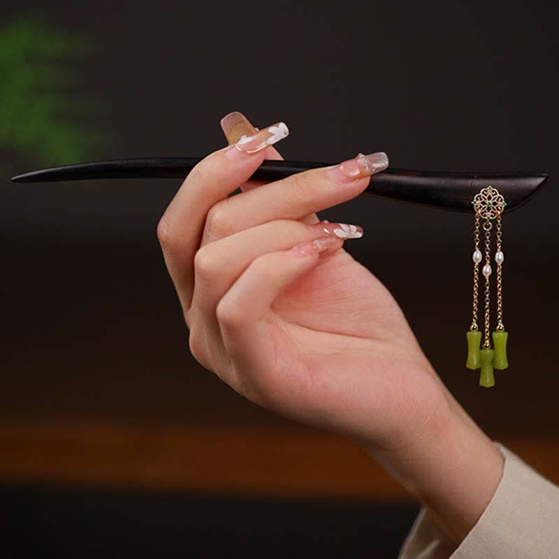 Nimara Ritual Natural Peridot Ebony Wood Love Tassels Hairpin