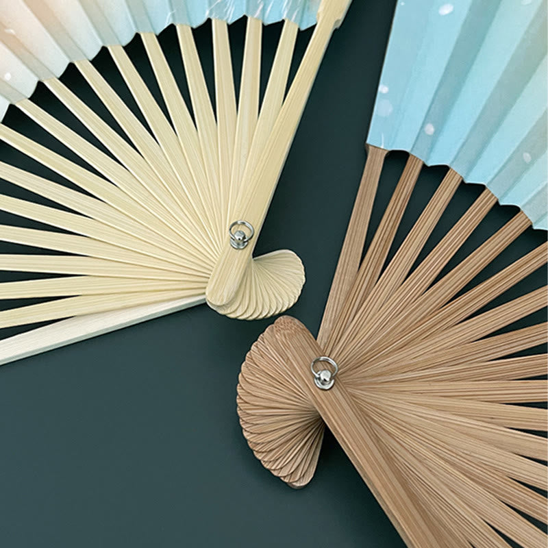 Nimara Ritual Retro Lotus Flower Leaf Mountain Lake Handheld Folding Fan With Bamboo Frames