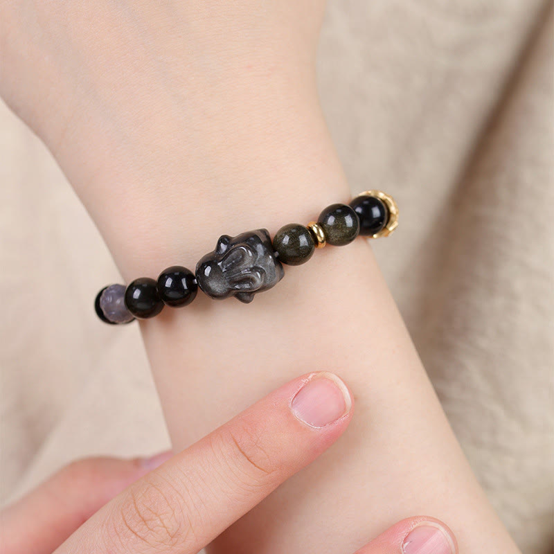 Nimara Ritual Gold Sheen Obsidian Black Obsidian Silver Sheen Obsidian Cute Rabbit Protection Bracelet
