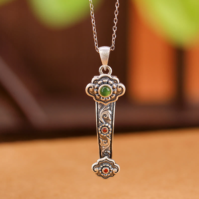 Nimara Ritual 925 Sterling Silver Red Agate Cyan Jade Auspicious Clouds Ruyi Handle Blessing Necklace Pendant