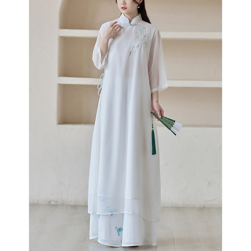 Nimara Ritual Bamboo Cheongsam Dress Midi Dress Wide Leg Pants Meditation Spiritual Zen Practice Clothing