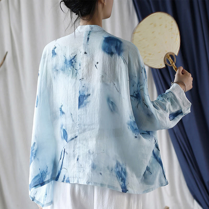 Nimara Ritual Tie Dye Blue Flowers Frog-Button Design Long Sleeve Ramie Linen Jacket Shirt