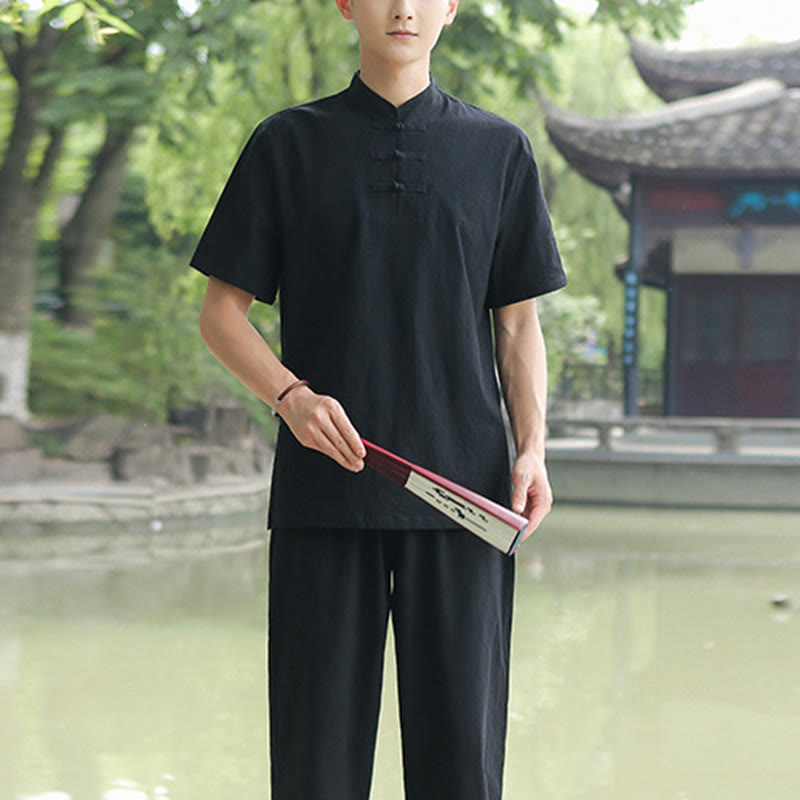 Nimara Ritual 2Pcs Men's Short Sleeve Shirt Top T-Shirt Pants Meditation Zen Tai Chi Cotton Linen Clothing Set