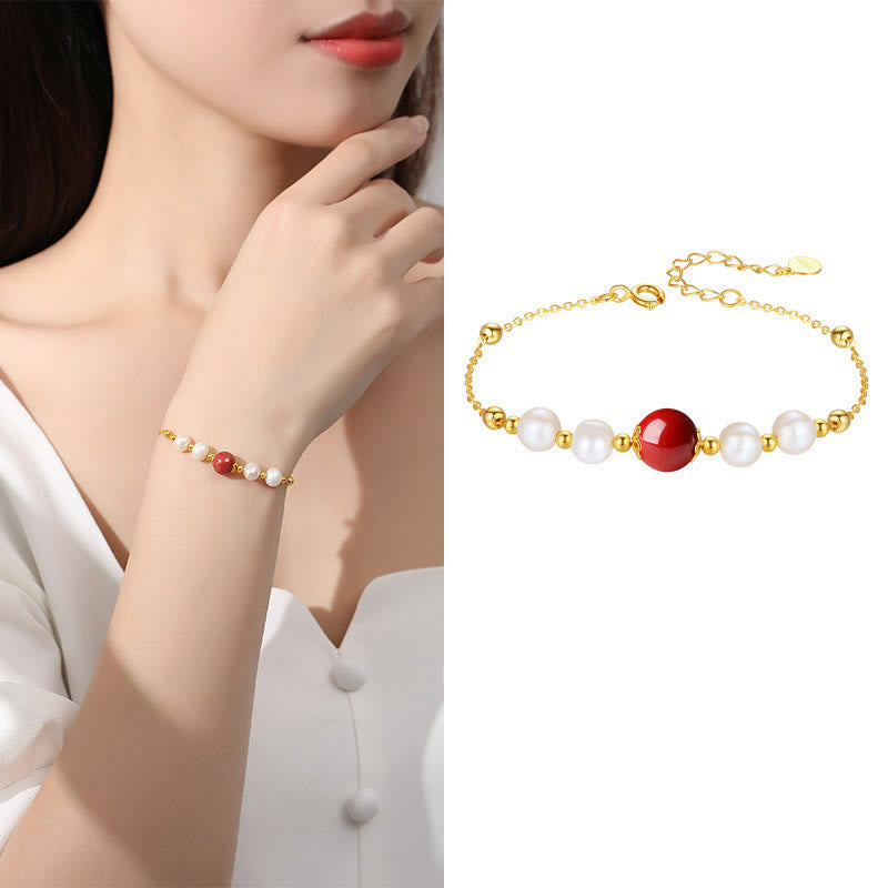 Nimara Ritual 925 Sterling Silver Pearl Cinnabar Healing Bead Chain Bracelet