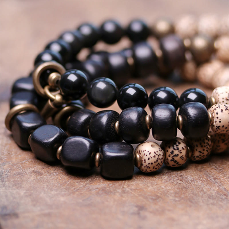 Nimara Ritual Tibetan Bodhi Seed Black Obsidian Ebony Wood Copper Peace Bracelet