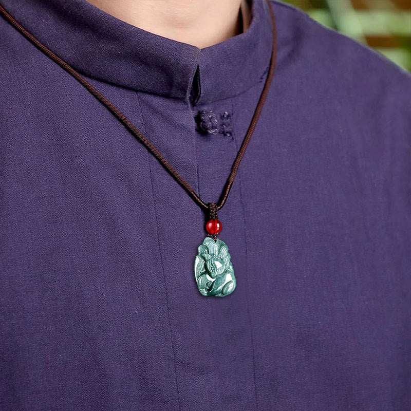 Nimara Ritual Natural Green Jade Nine Tailed Fox Engraved Prosperity Necklace Pendant