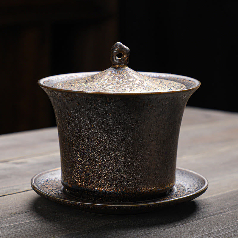 Nimara Ritual Retro Rust Glaze Ceramic Gaiwan Sancai Teacup Kung Fu Tea Cup And Saucer With Lid