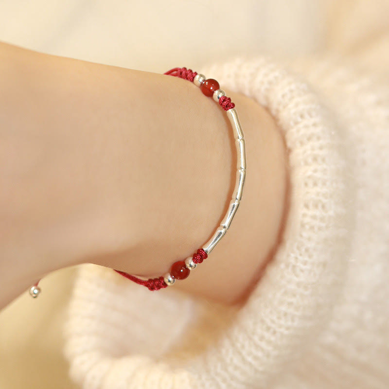 Nimara Ritual 925 Sterling Silver Bamboo White Agate Red Agate Bead Protection String Braided Bracelet