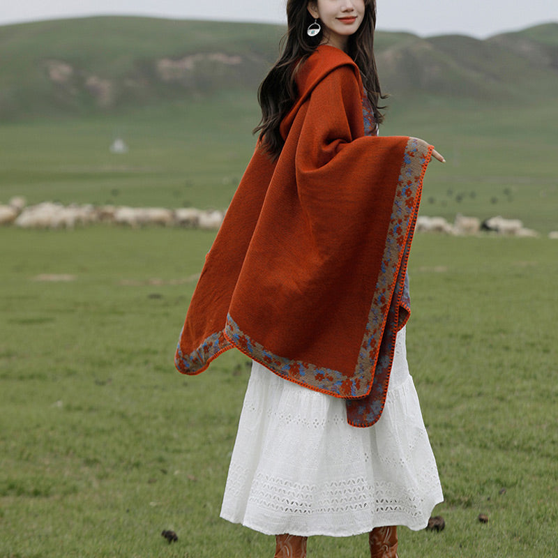 Nimara Ritual Tibetan Shawl Border Small Floral Flower Hooded Cloak Winter Cozy Travel Scarf Wrap