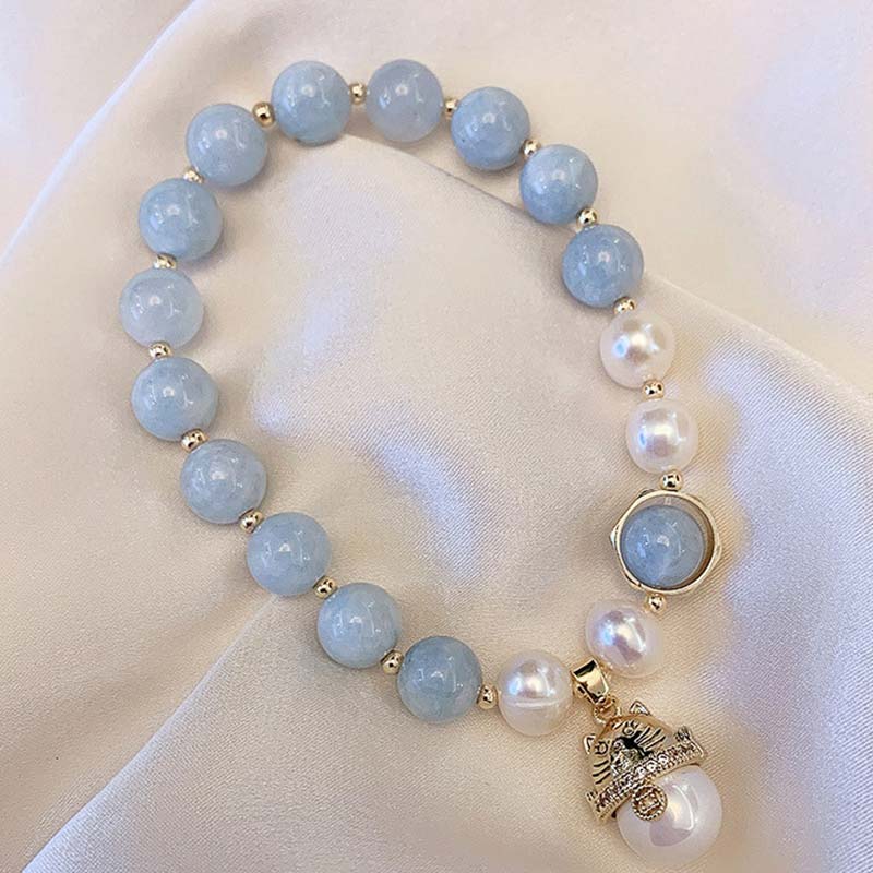 Nimara Ritual Aquamarine Pearl Peace Healing Lucky Cat Charm Bracelet