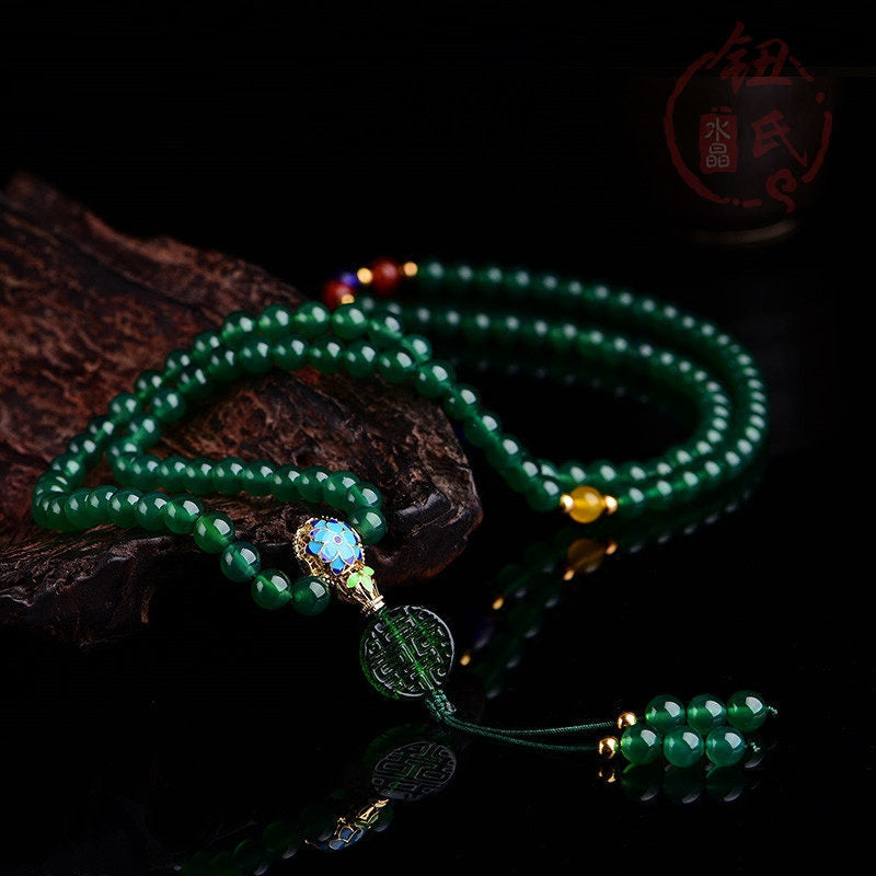 Nimara Ritual 108 Mala Beads Natural Green Agate Power Support Bracelet