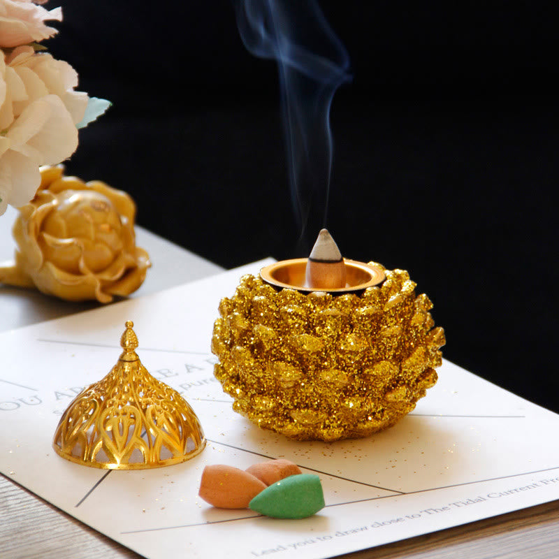 Nimara Ritual Gold Pine Cone Pattern Spiritual Rituals Mini Incense Burner Home Tabletop Decor