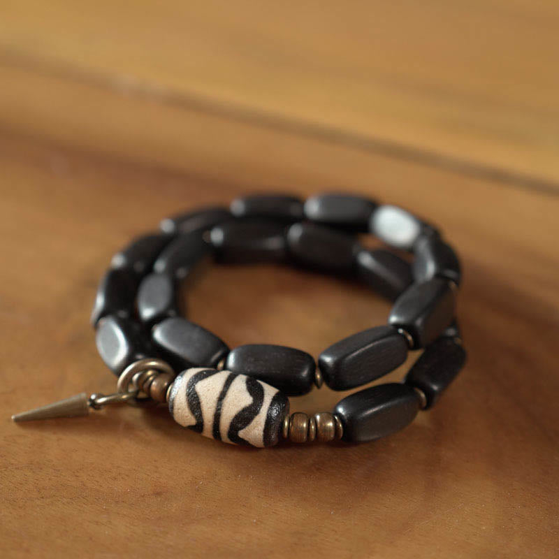 Nimara Ritual Tibet Ebony Wood Dzi Bead Copper Balance Double Wrap Bracelet