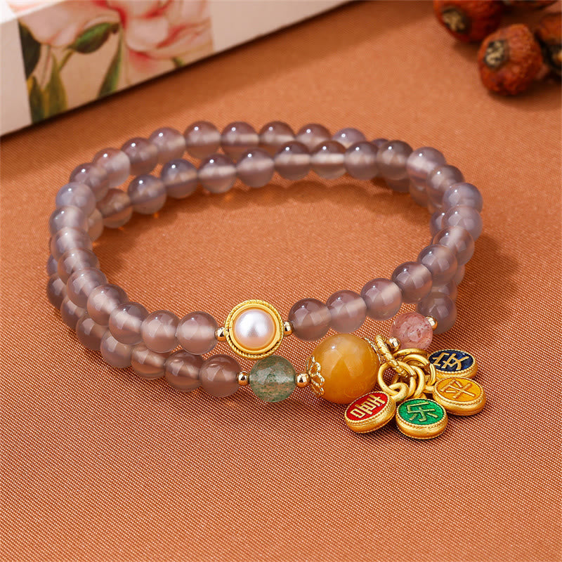 Nimara Ritual Natural Gray Agate Peace And Joy Charm Balance Double Wrap Bracelet