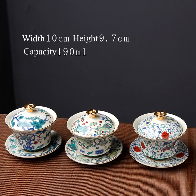 Nimara Ritual Retro Plum Blossom Pine Bamboo Phoenix Kirin Ceramic Gaiwan Sancai Teacup Kung Fu Tea Cup and Saucer with Lid
