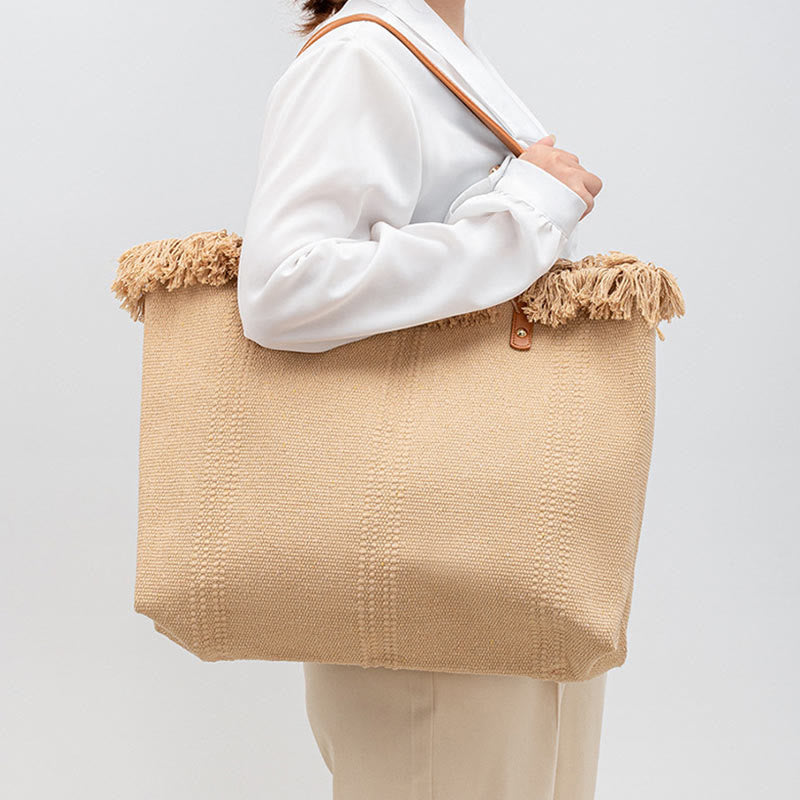 Nimara Ritual Large Capacity Solid Color Tassel Canvas Tote Shoulder Bag