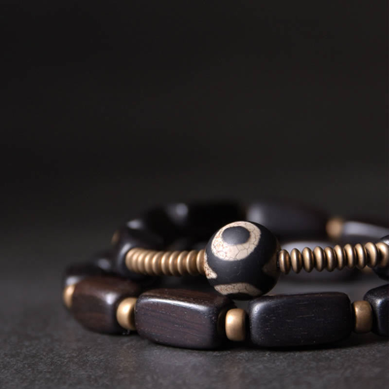 Nimara Ritual Tibet Ebony Wood Dzi Bead Copper Balance Double Wrap Bracelet