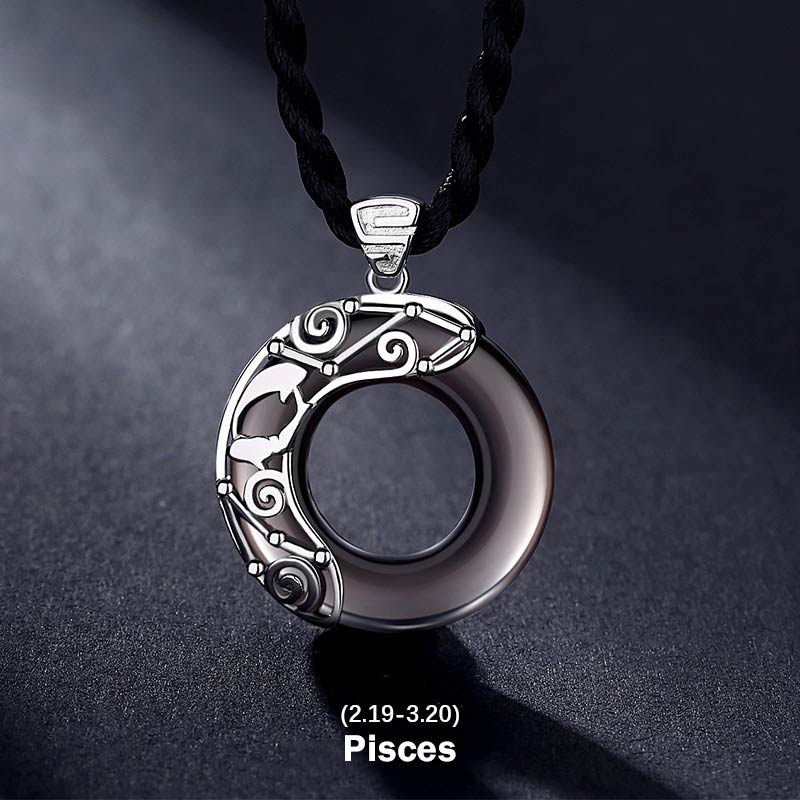 Nimara Ritual 12 Constellations of the Zodiac Ice Obsidian Blessing Round Pendant Necklace