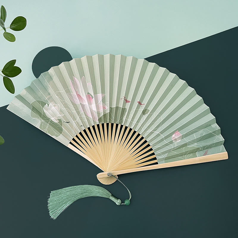 Nimara Ritual Lotus Flowers Leaf Koi Fish Handheld Paper Bamboo Folding Fan