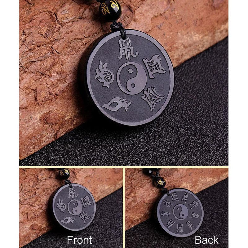 Nimara Ritual Natural Black Obsidian Taoism Five Sacred Mountains Nine-Character Mantra Carved Strength Yin Yang Necklace Pendant Key Chain