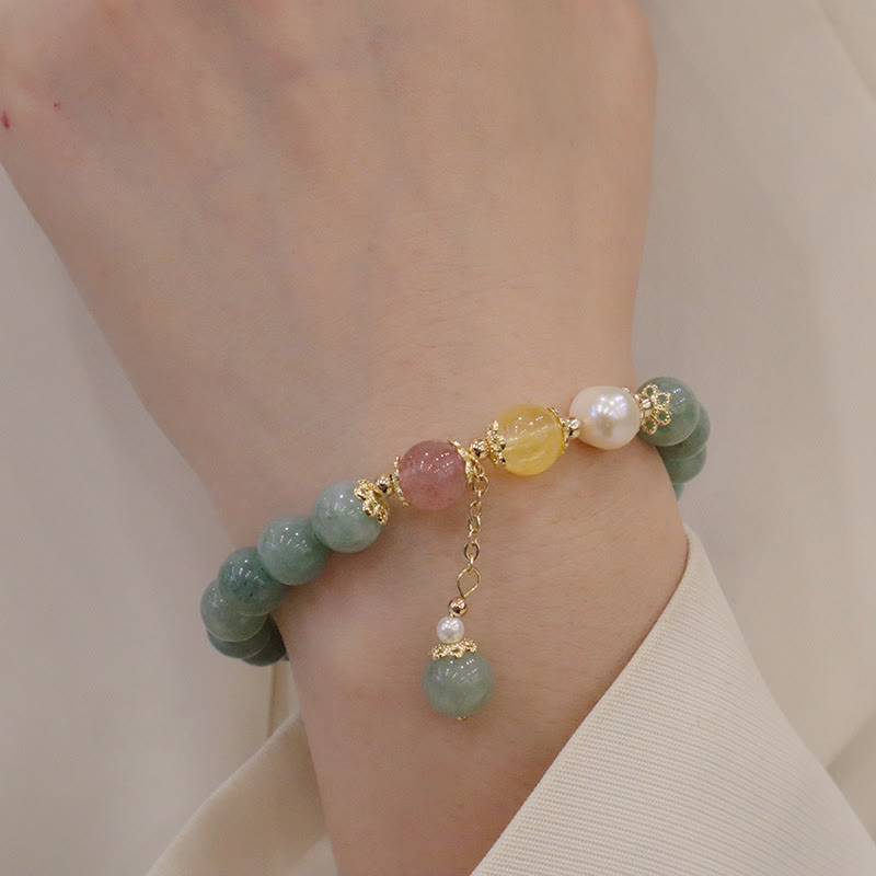 Nimara Ritual Jade Pearl Strawberry Quartz Abundance Luck Bead Charm Bracelet