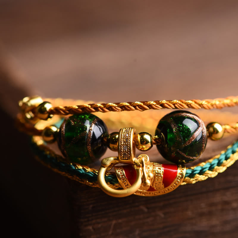 Nimara Ritual Tibetan Handmade Rope Liuli Glass Bead Braided Multilayered Healing Bracelet