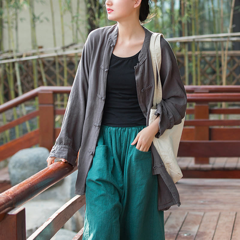 Nimara Ritual Frog-Button Long Sleeve Zen Meditation Open Front Jacket With Pockets