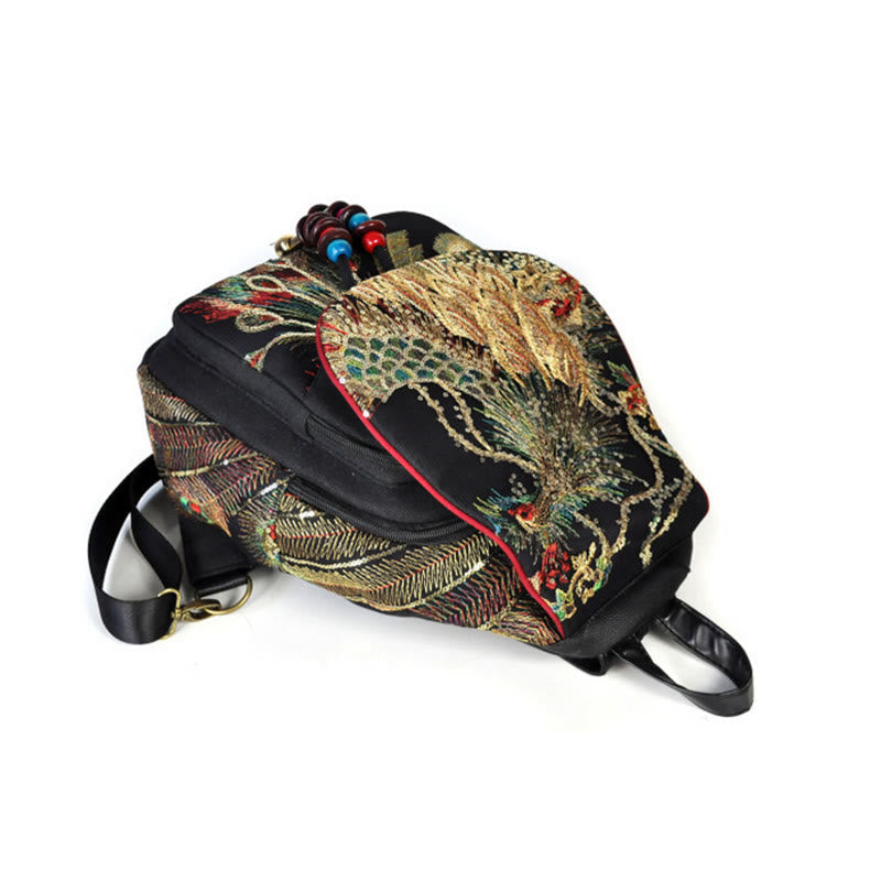 Nimara Ritual Peacock Embroidery Canvas Tassel Backpack