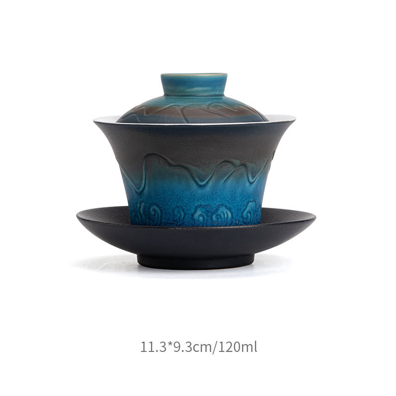 Nimara Ritual Retro Blue Ocean Sea Waves Gradient Ceramic Gaiwan Sancai Teacup Kung Fu Tea Cup And Saucer With Lid