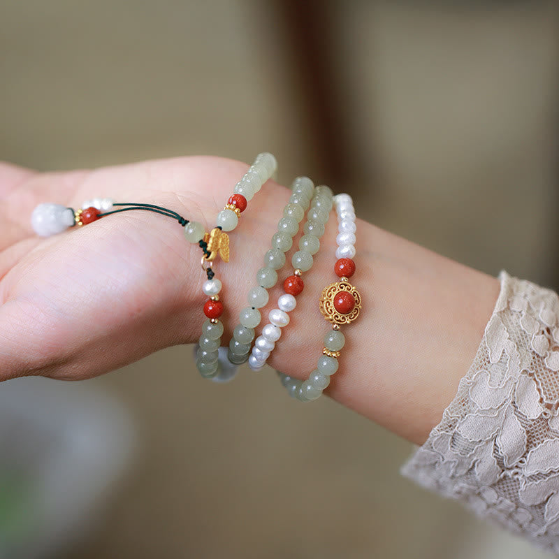 Nimara Ritual 925 Sterling Silver Plated Gold Natural Hetian Jade Pearl Butterfly Gourd Luck Bracelet