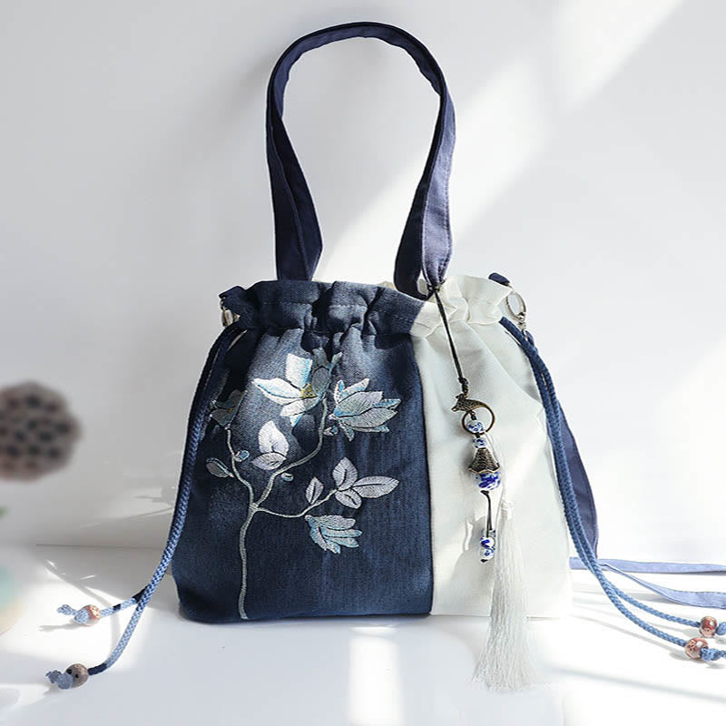 Nimara Ritual Embroidered Grass Flowers Cherry Blossom Canvas Tote Crossbody Bag Shoulder Bag Handbag