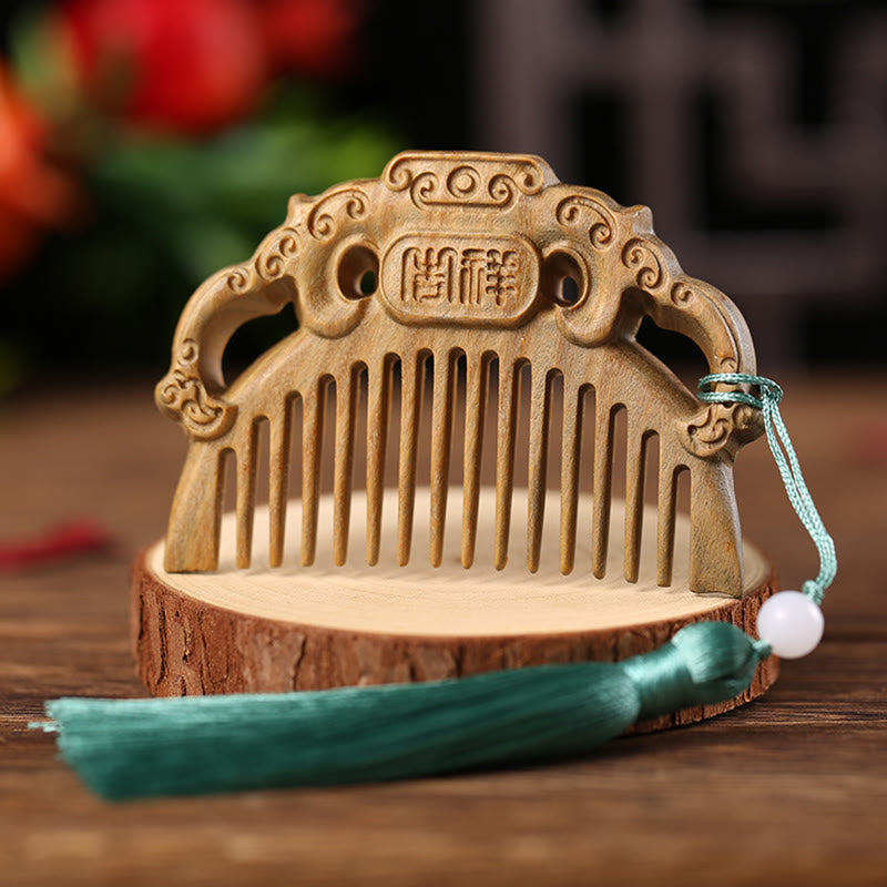 Nimara Ritual Green Sandalwood Fox Peony Flower Lotus Engraved Cure Tassel Comb