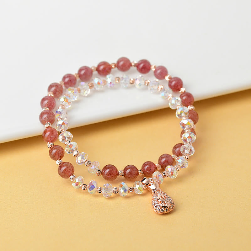 Nimara Ritual Strawberry Quartz White Crystal Money Bag Charm Positive Bracelet
