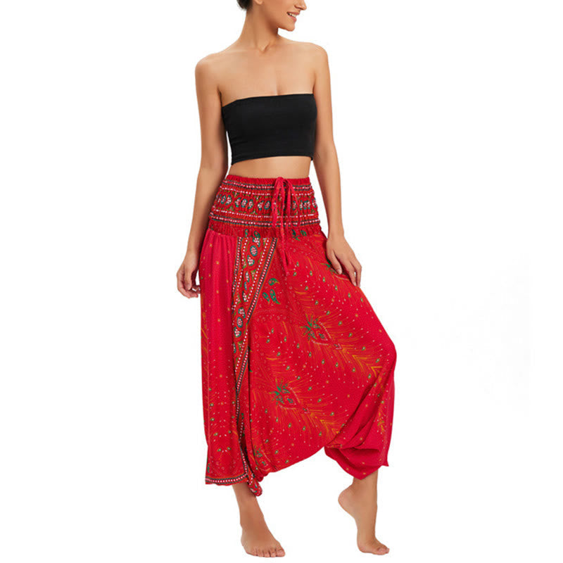 Nimara Ritual Two Style Wear Peacock Feather Loose Smocked Harem Trousers Jumpsuit High Waist Pants
