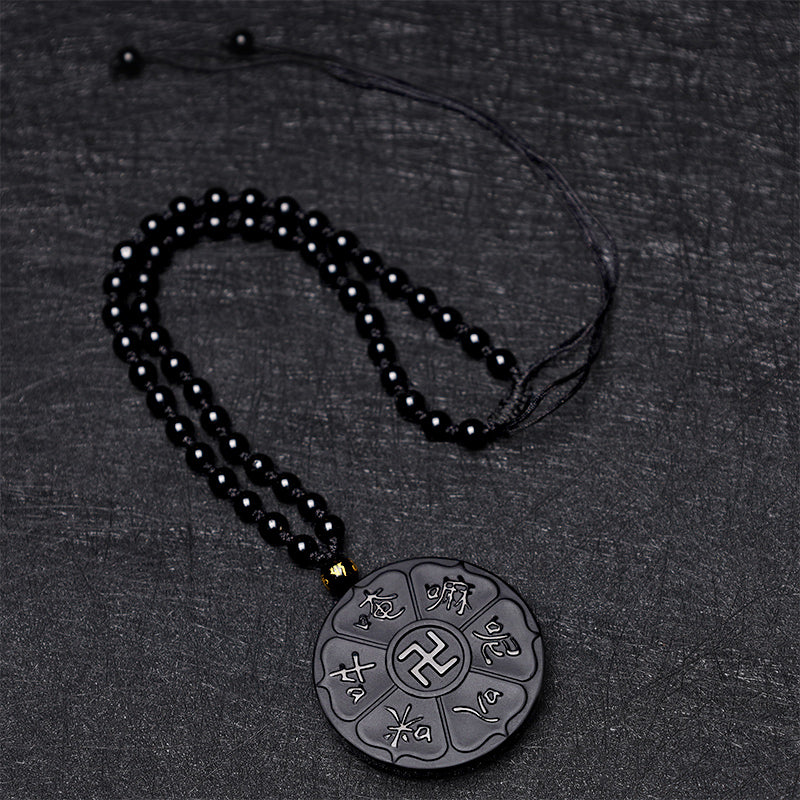 Nimara Ritual Natural Black Obsidian Tibetan Om Mani Padme Hum Buddha Swastika Luck Necklace Pendant