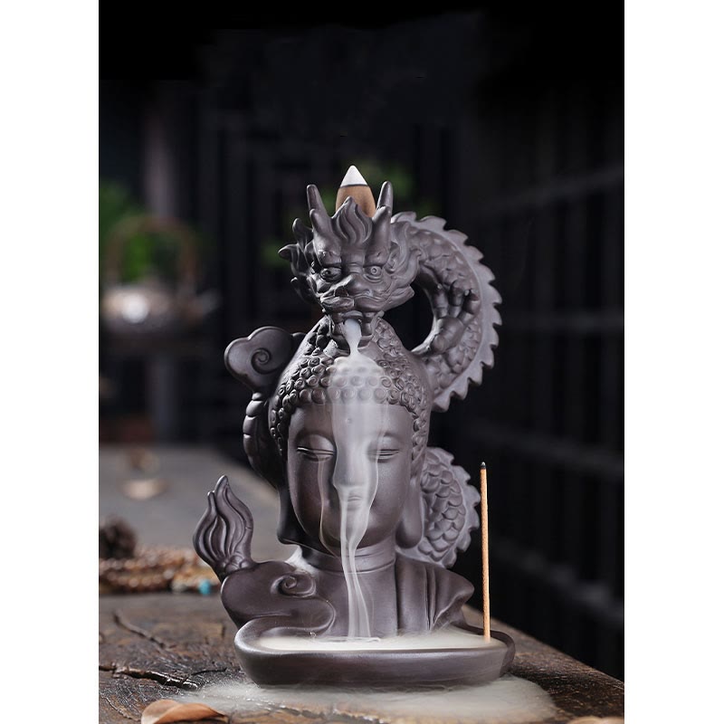 Nimara Ritual Dragon Buddha Auspicious Clouds Purple Clay Healing Incense Burner Decoration