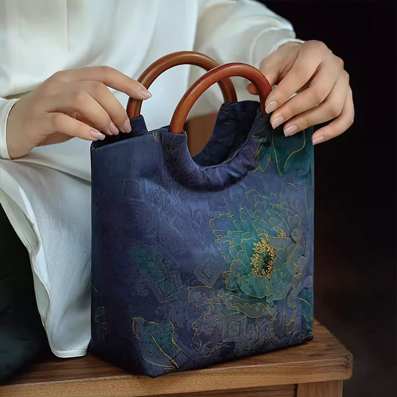 Nimara Ritual Peony Flower Bamboo Leaves Bird Solid Wood Handle Handbag