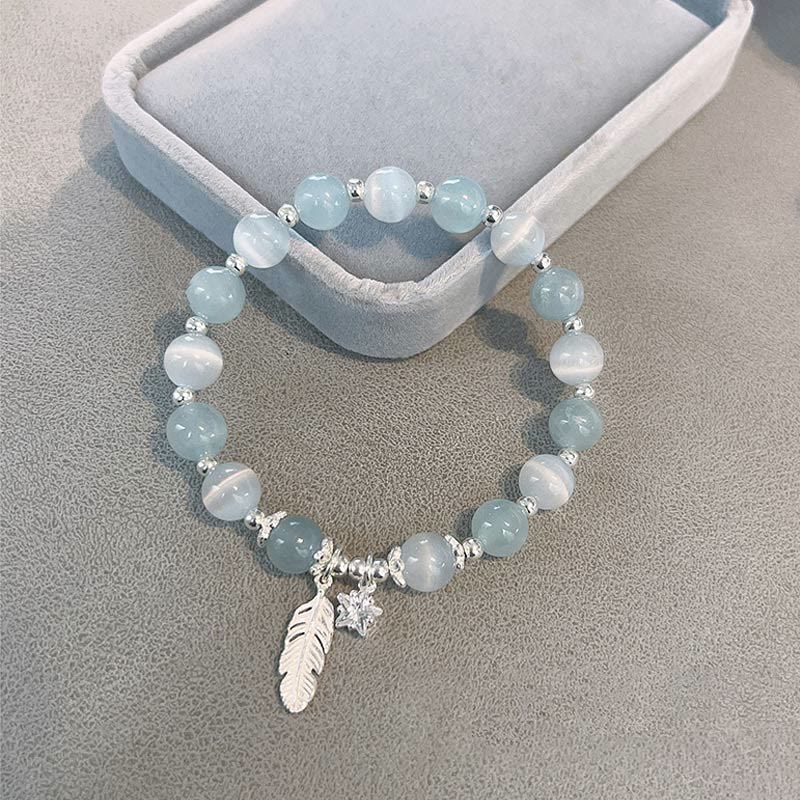 Nimara Ritual 925 Sterling Silver Aquamarine Cat's Eye Healing Feather Star Charm Bracelet