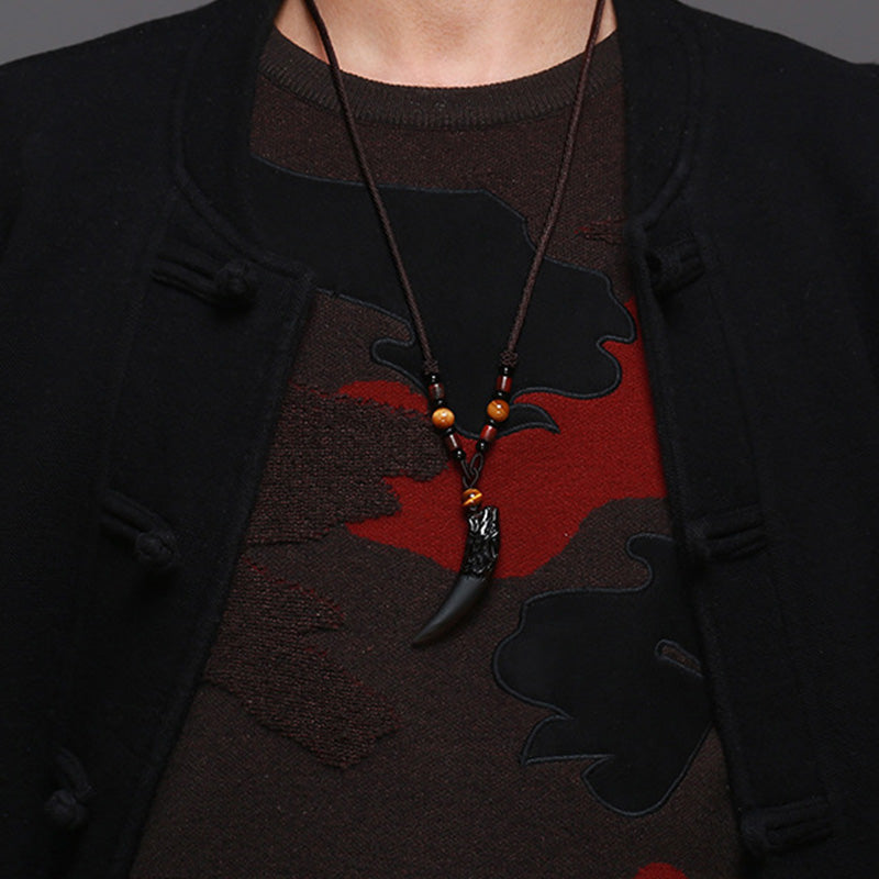 Nimara Ritual Natural Ice Obsidian Wolf Tooth Pattern Courage Necklace Pendant