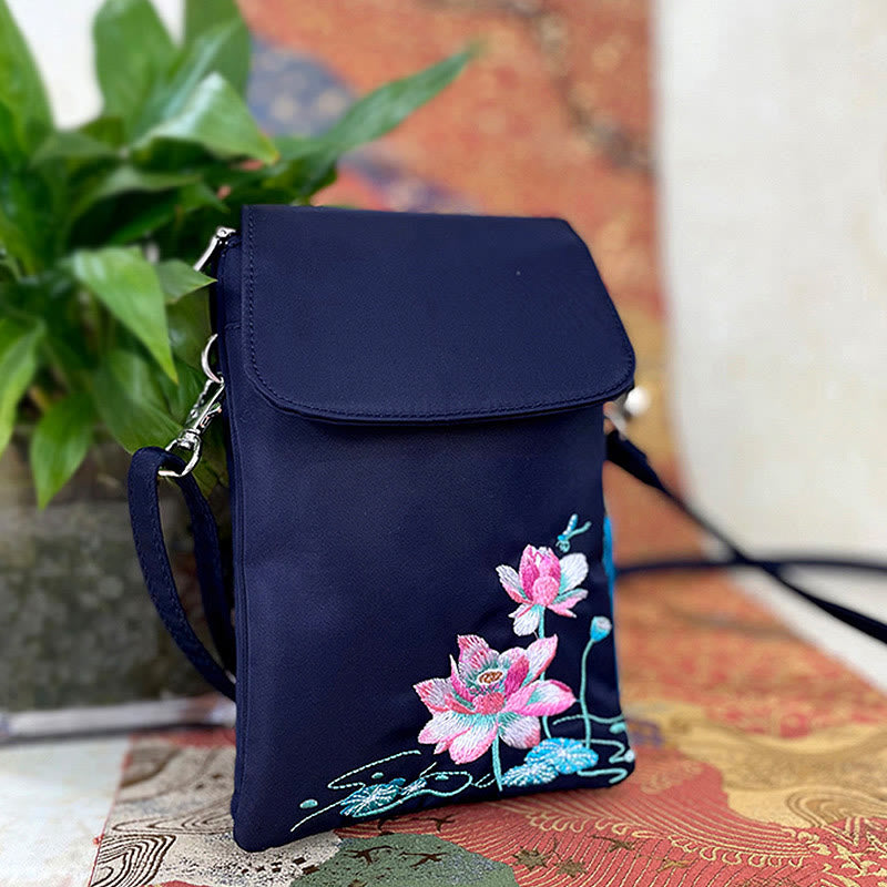 Nimara Ritual Waterproof Handmade Embroidered Lotus Flowers Crossbody Bag Shoulder Bag Cellphone Bag